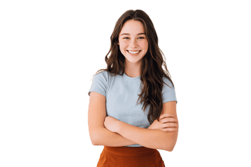 Smiling woman with crossed arms, exuding confidence and positivity428.