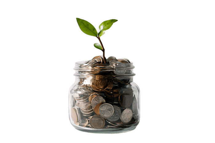 Growth from savings. Coins in jar.