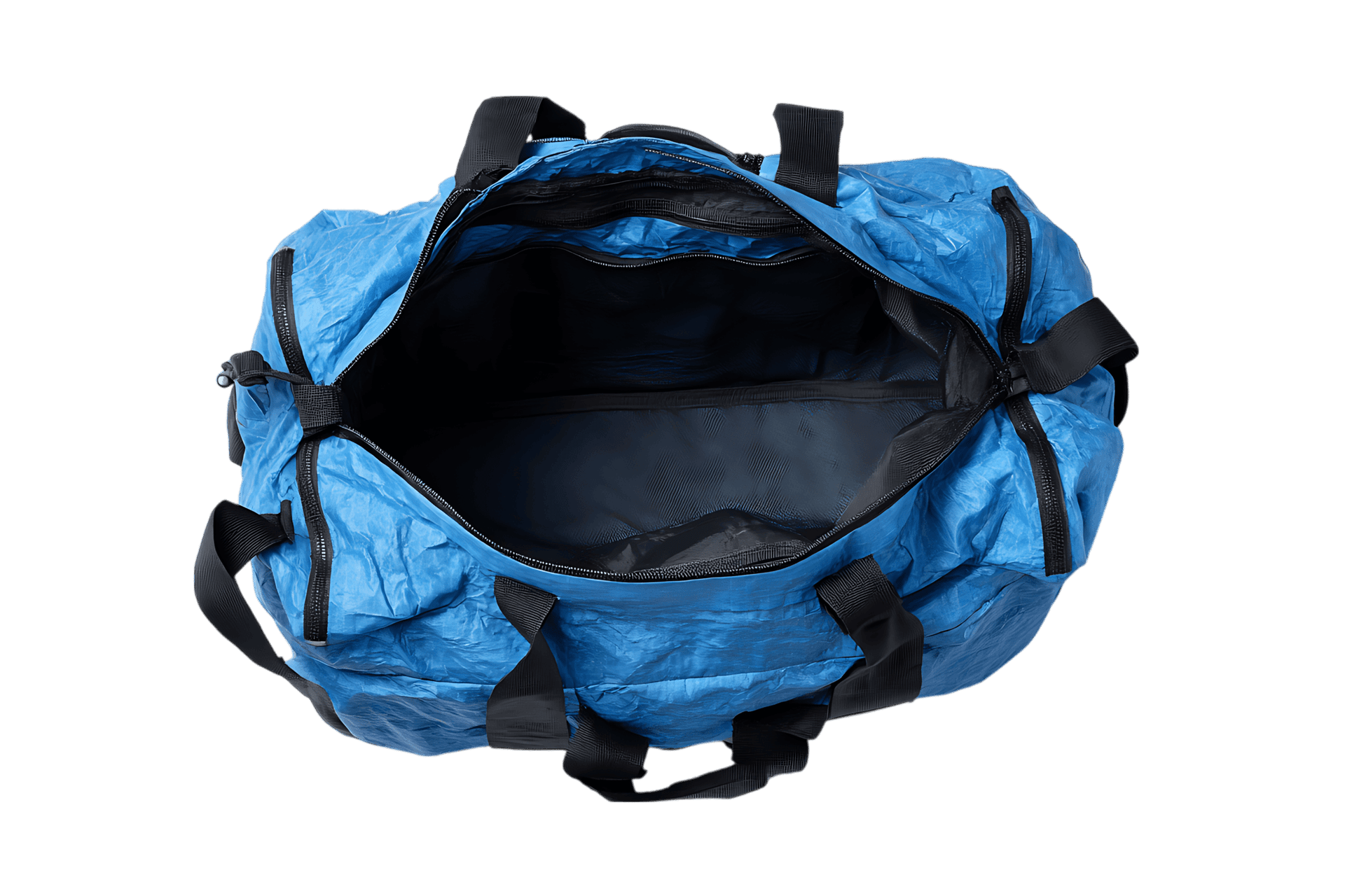 Empty blue duffel bag, open, top view