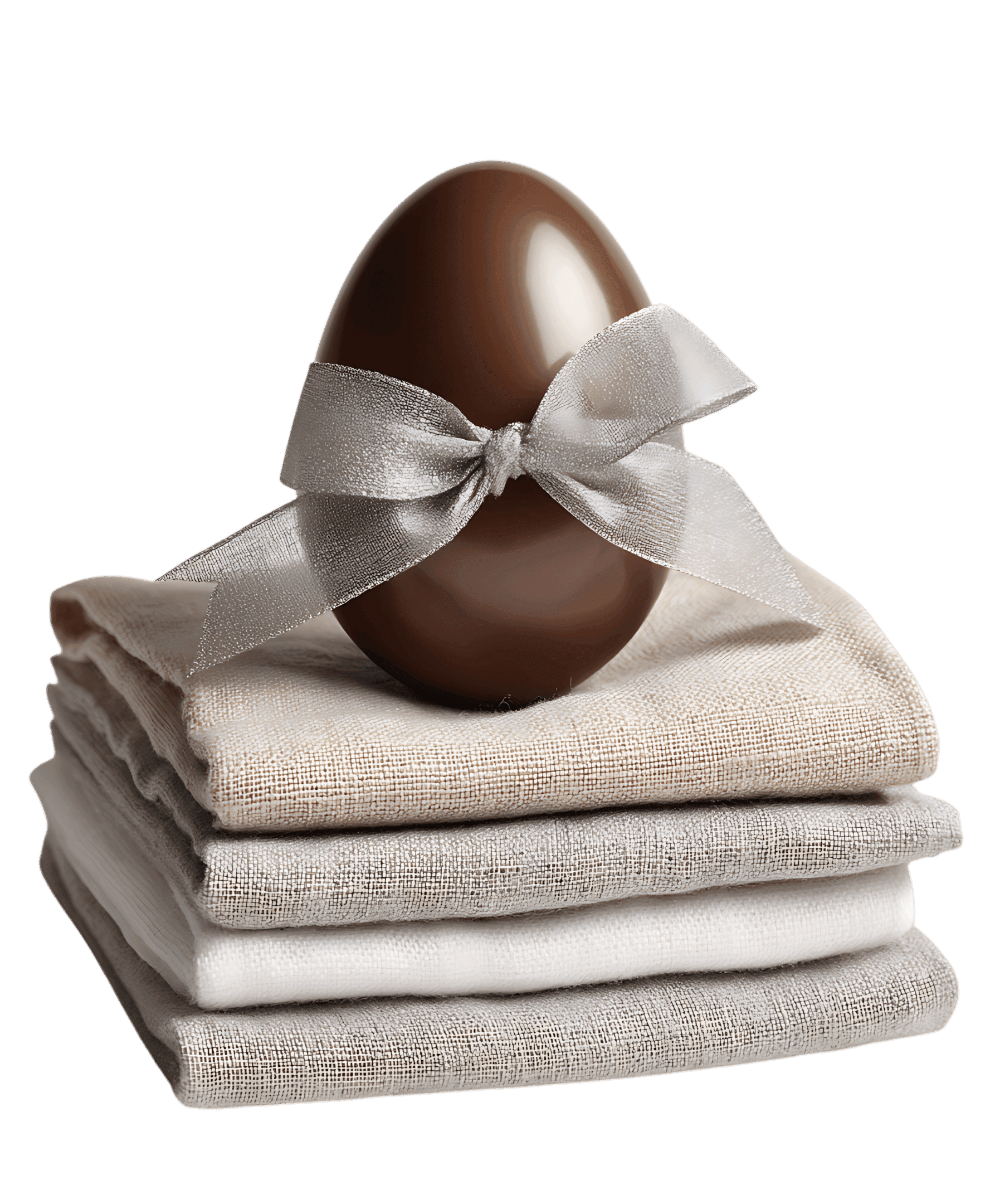 Chocolate egg with a silver ribbon.