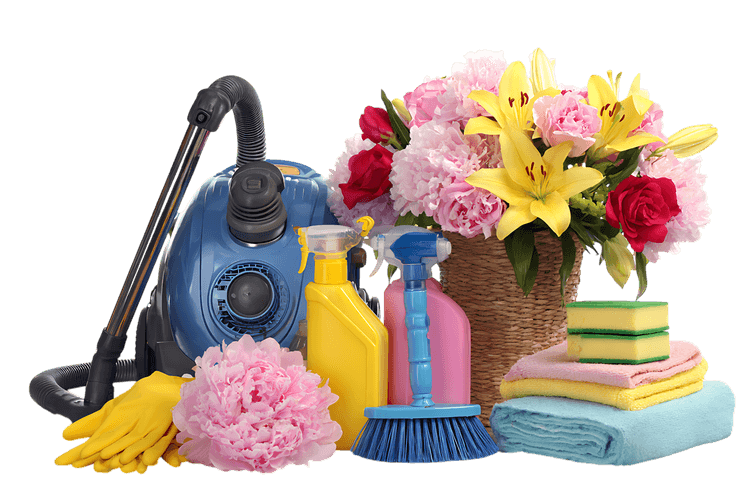 Cleaning supplies and fresh flowers. Spring cleaning concept671.