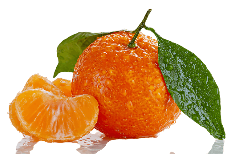 Juicy mandarin orange with segments, leaves, and water droplets. Healthy food, citrus fruit.