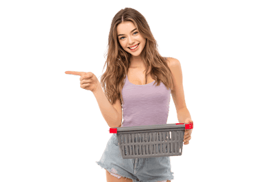 Smiling woman holding shopping basket, pointing.