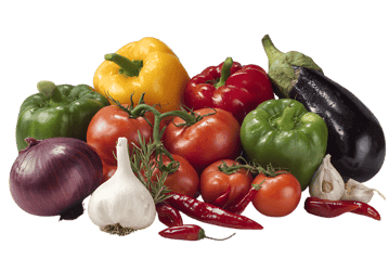 Assortment of fresh vegetables including tomatoes, peppers, eggplant, onion, garlic, and chili peppers.
