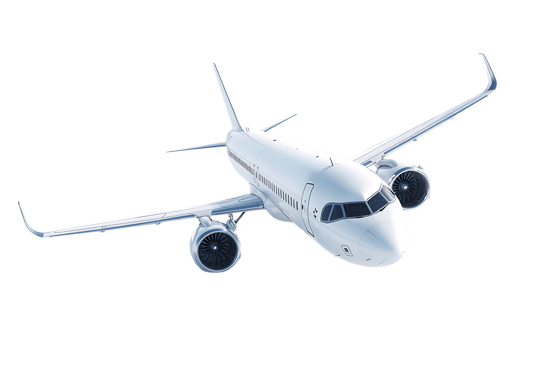 Modern passenger airplane in flight, isolated on black background.