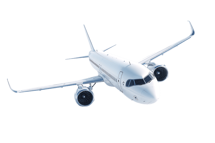 Modern passenger airplane in flight, isolated on black background.