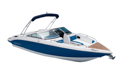 Blue and white powerboat for recreation and cruising