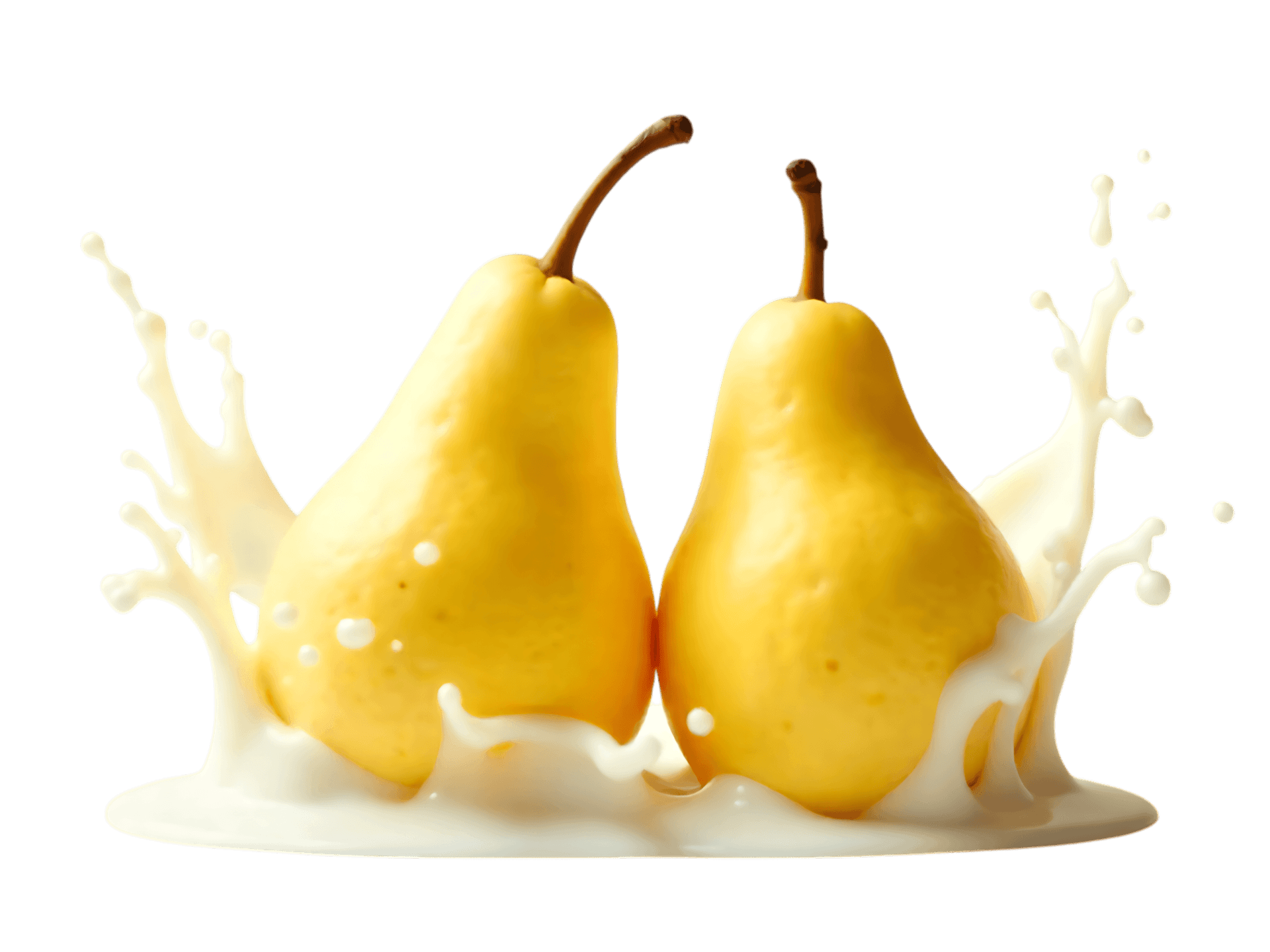 Two ripe yellow pears creating a splash in milk or cream, depicting freshness and natural flavor