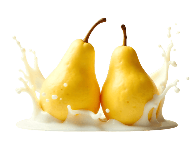 Two ripe yellow pears creating a splash in milk or cream, depicting freshness and natural flavor