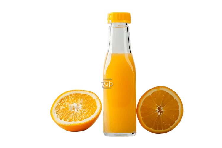 Fresh orange juice in a glass bottle with orange slices.