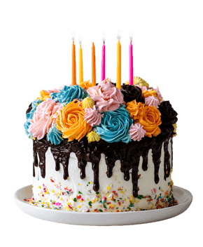 Colorful buttercream flower cake with chocolate ganache drip and sprinkles.