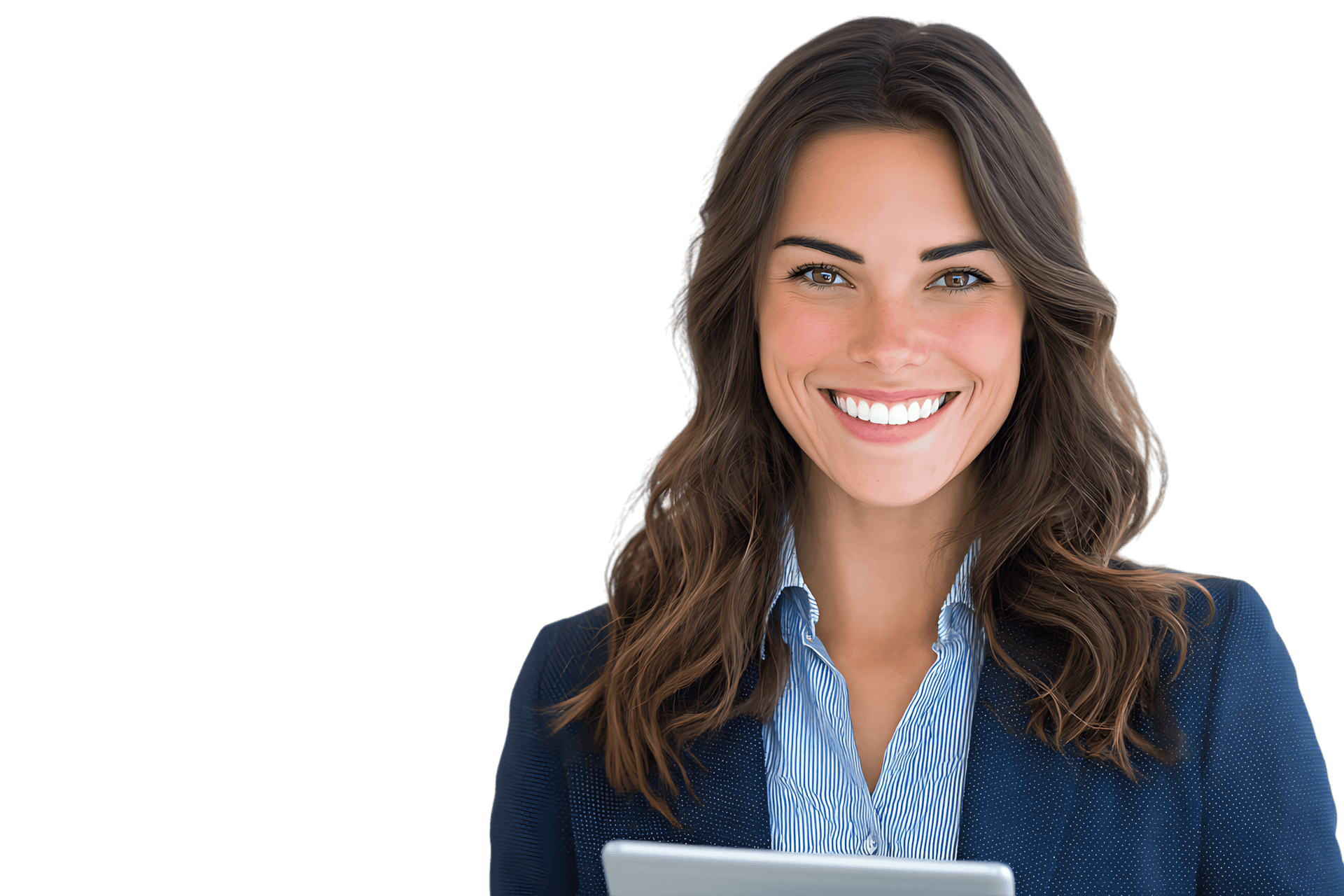 Smiling businesswoman holding a tablet.