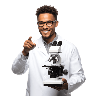 Smiling scientist holding a microscope.