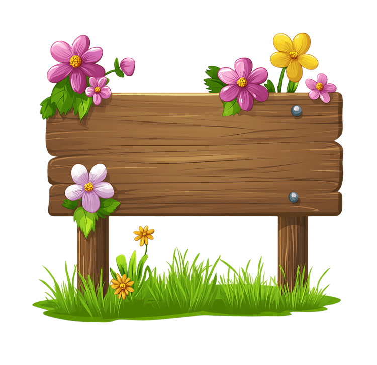 Wooden sign with flowers and grass