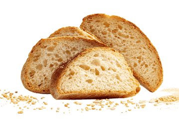 Close up of three slices of rustic artisan bread.