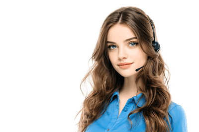 Smiling young woman with headset, providing customer service.