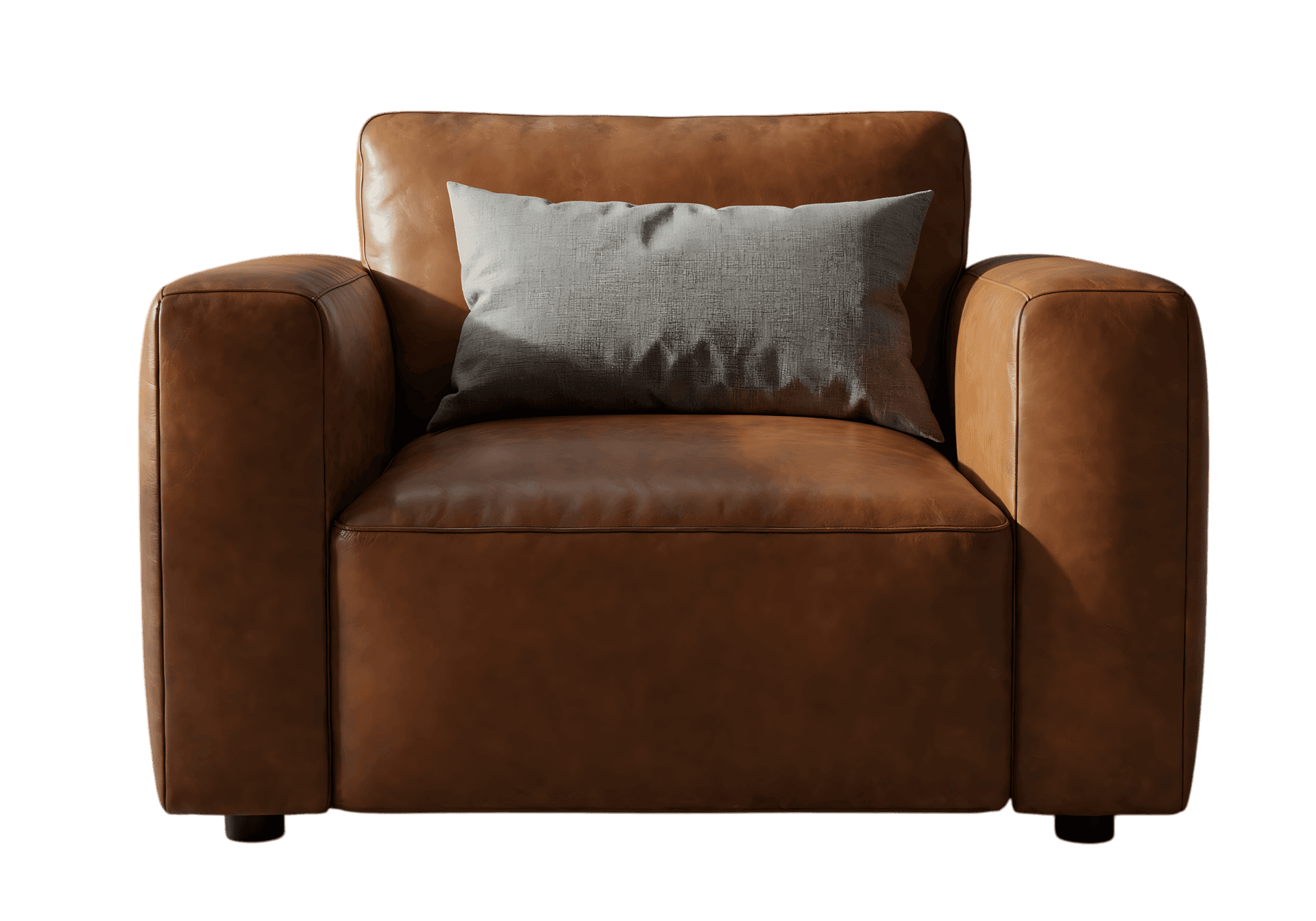 Brown leather armchair with gray cushion