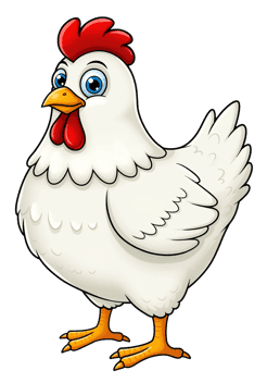 Cartoon chicken with red comb and bright blue eyes