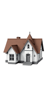 Miniature house model with brown roof and white walls