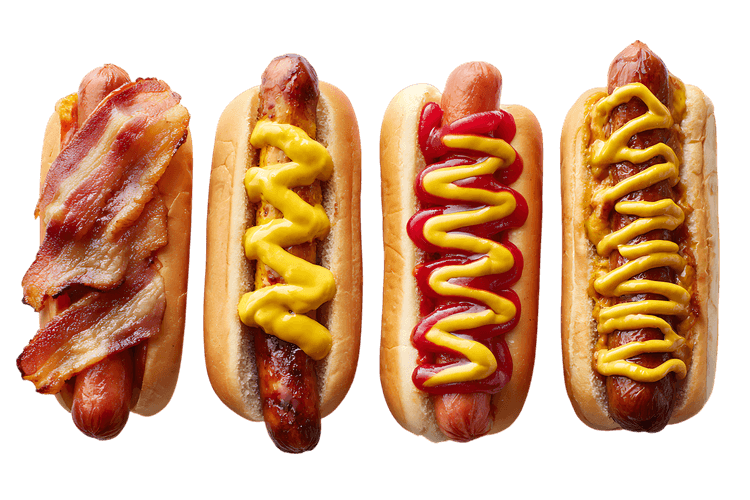 Four hot dogs with various toppings.