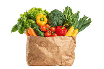A paper bag filled with fresh, colorful vegetables.