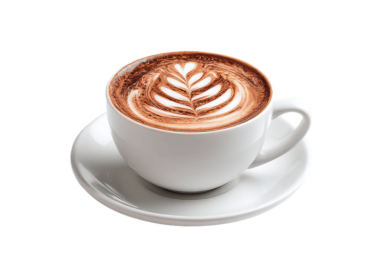 Cappuccino with intricate leaf pattern latte art in a classic white ceramic cup and saucer