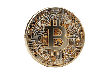 Golden Bitcoin digital currency coin on black background.