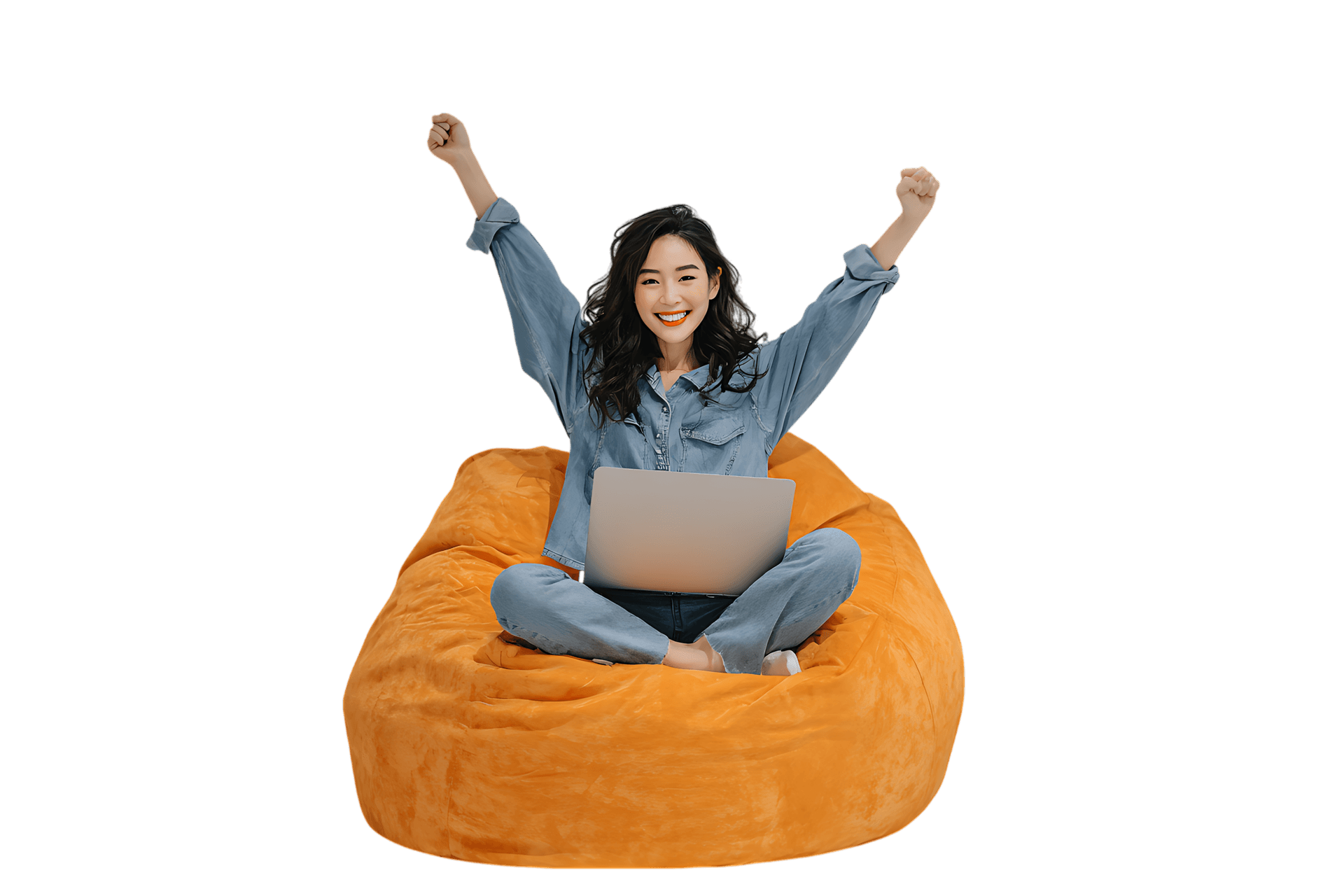 Joyful young woman celebrating success while working from home on a comfy beanbag chair.