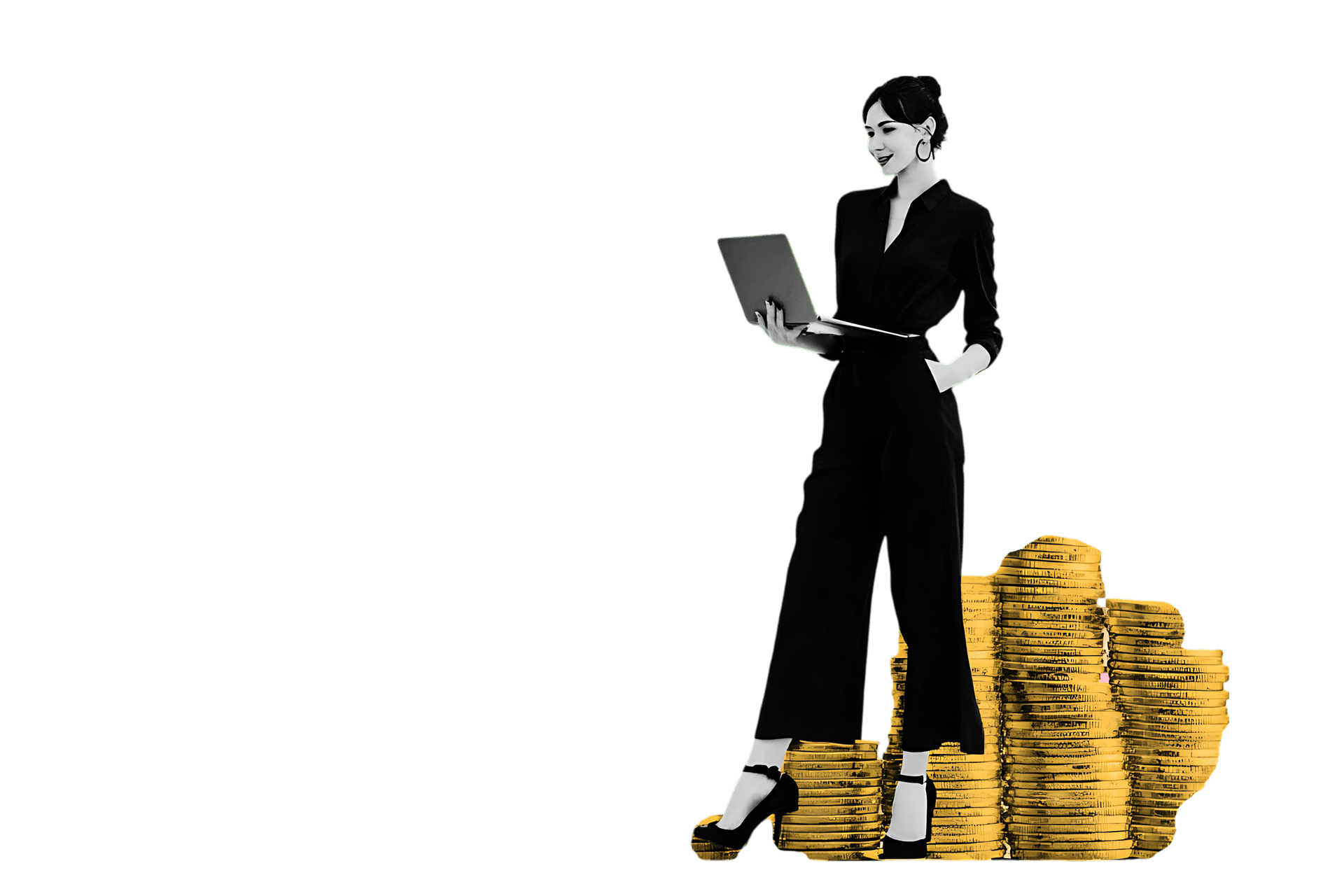 Businesswoman with laptop sitting on a pile of gold coins.