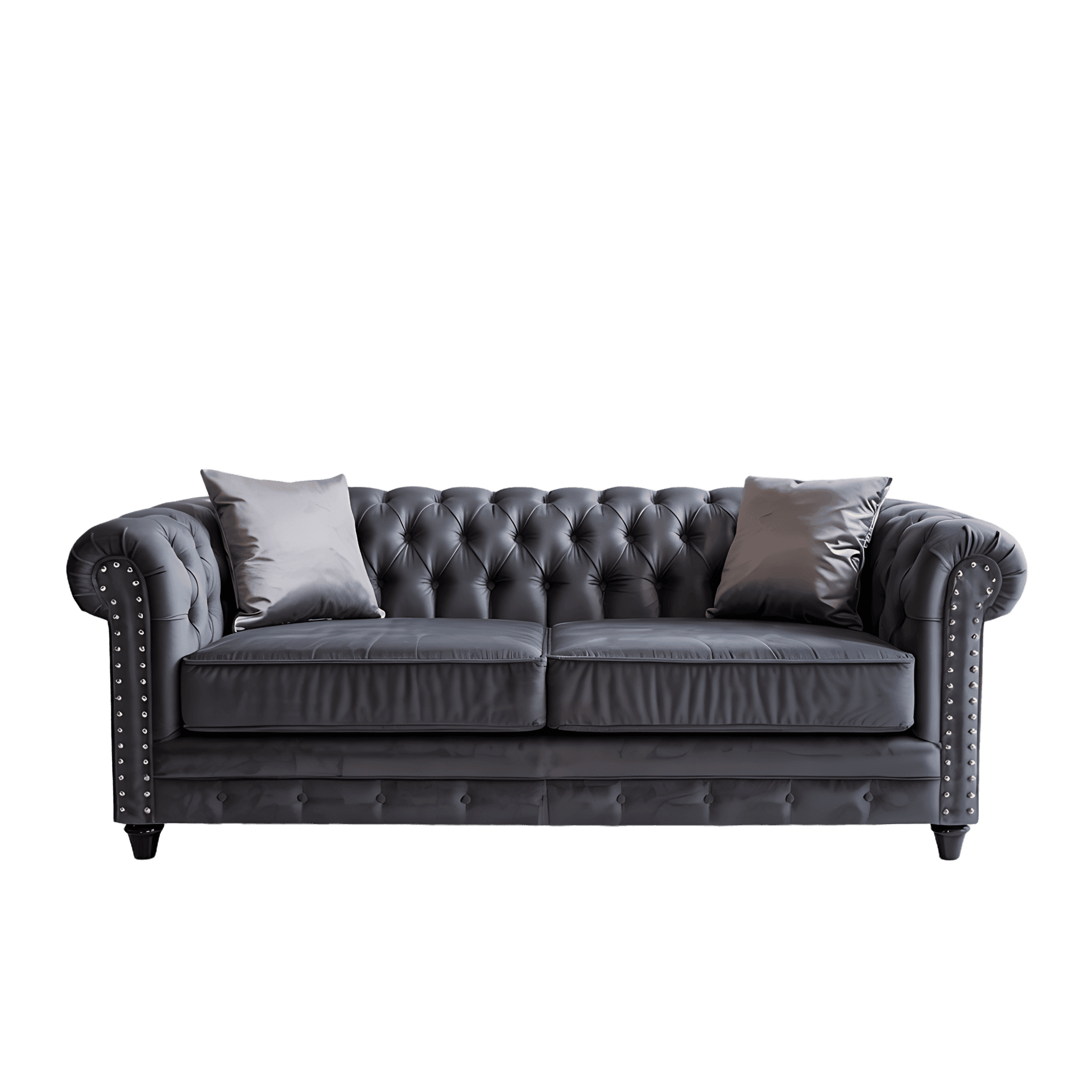 Dark gray Chesterfield sofa with button tufting and nailhead trim