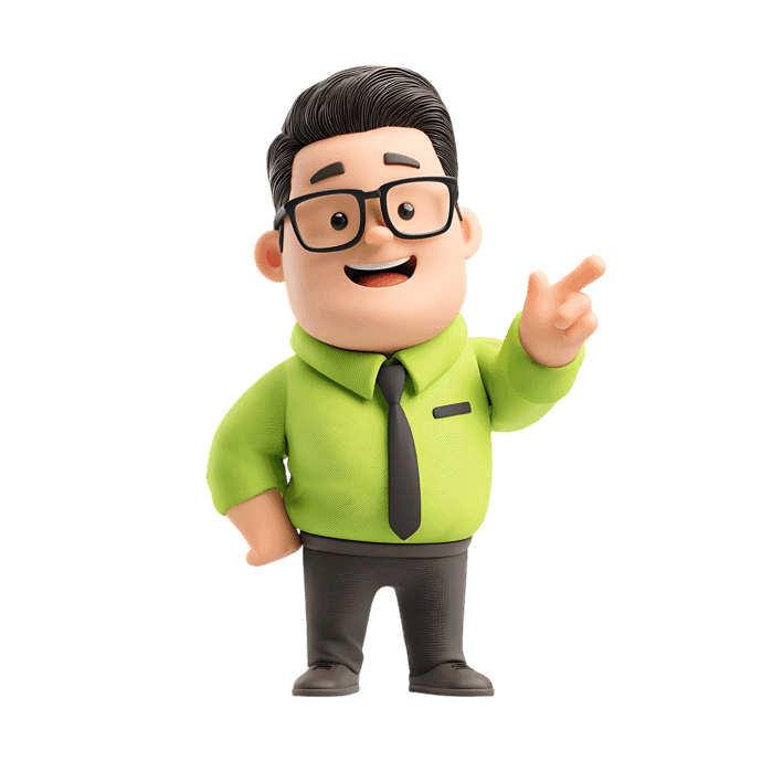 Friendly 3D businessman character pointing with finger, ideal for presentations or marketing.