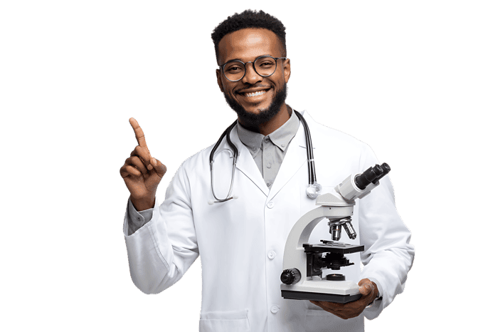 Smiling doctor holding microscope, pointing up.