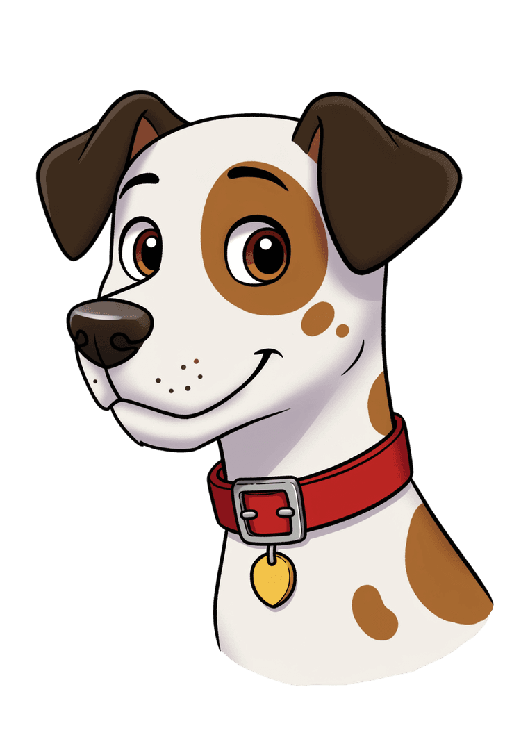 Cartoon dog smiling with red collar and brown spots