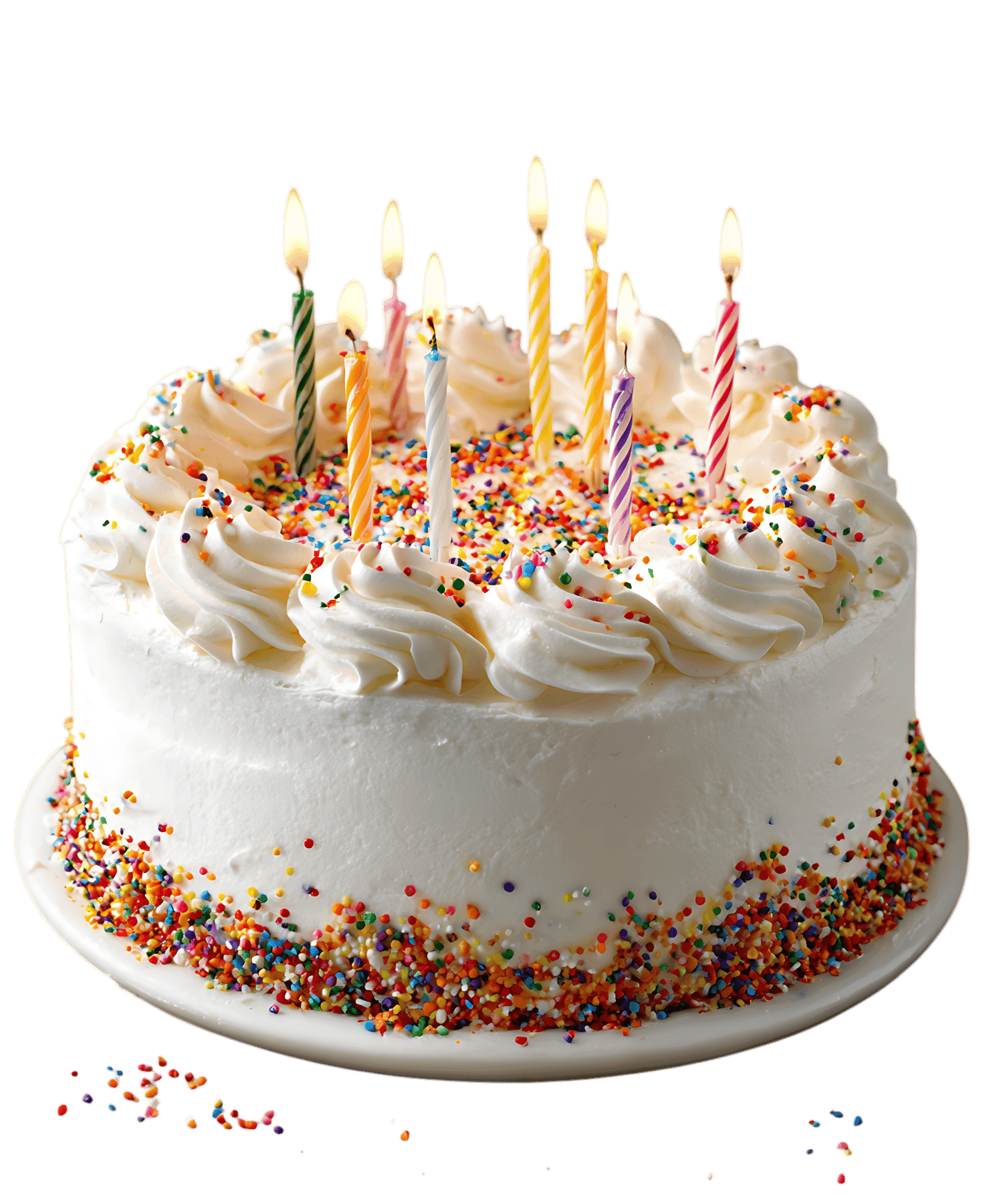 Festive birthday cake with lit candles