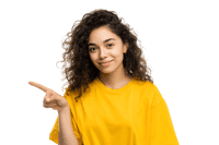 Smiling woman pointing her finger to the side. Great for advertising and product placement.