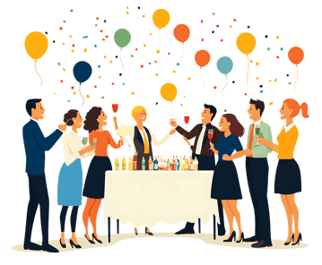 Happy people celebrating with drinks and balloons.