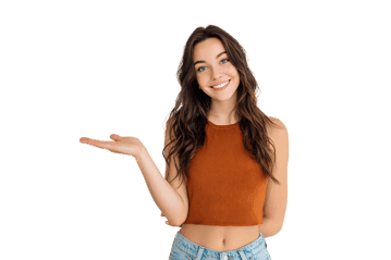 Happy young woman presenting something with open hand.  Perfect for advertising or marketing.