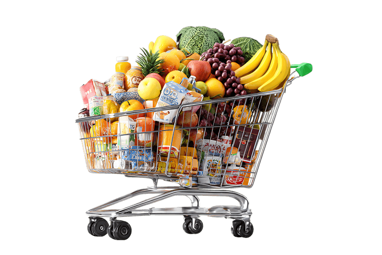 A metal shopping cart overflowing with fresh produce, dairy, and packaged goods.