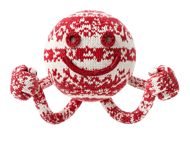 Smiling knitted character with red and white pattern