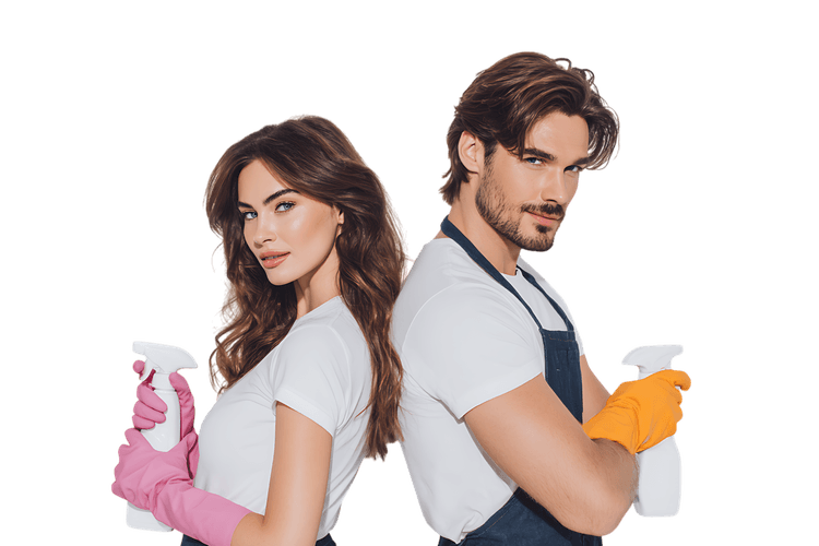 Man and woman with cleaning supplies, ready to tackle chores.