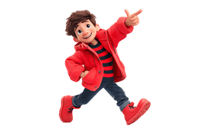 Cartoon boy running and pointing in a red coat
