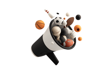 3D megaphone with sports balls exploding. Promotion, announcement concept.