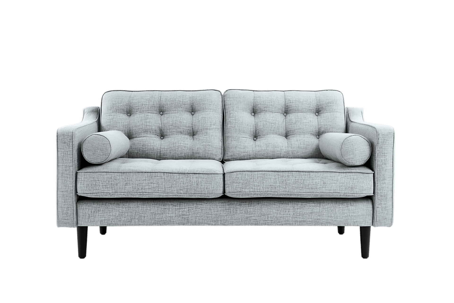 Modern light grey sofa with button tufting and dark legs.