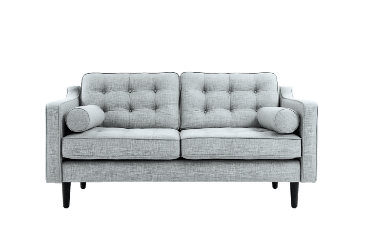 Modern light grey sofa with button tufting and dark legs.