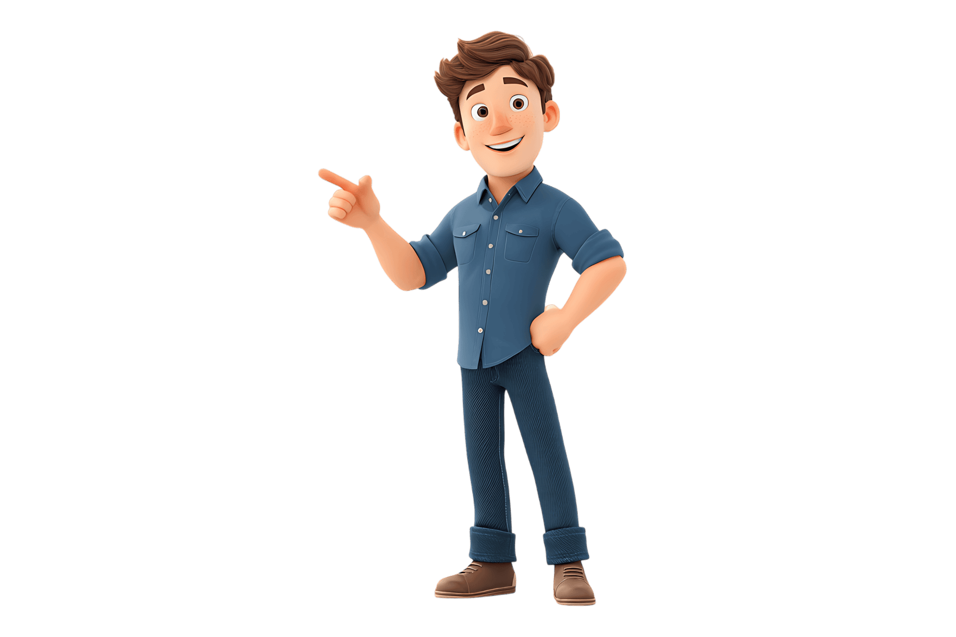 Cartoon 3d character of a young man pointing to the left