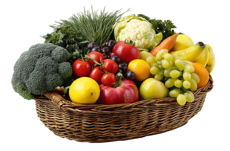 Fresh fruits and vegetables in a wicker basket png
