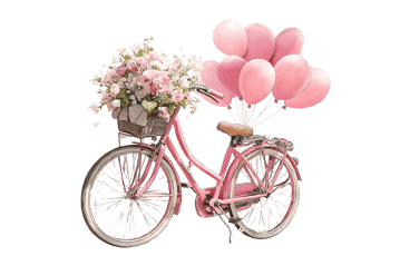 Romantic pink bicycle adorned with flowers and balloons. Perfect for celebrations, love, and spring themes.