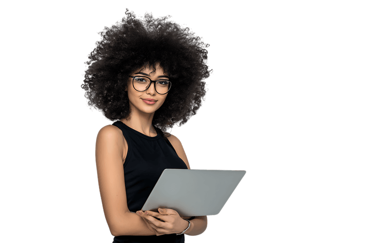 Smiling businesswoman holding laptop, modern professional.