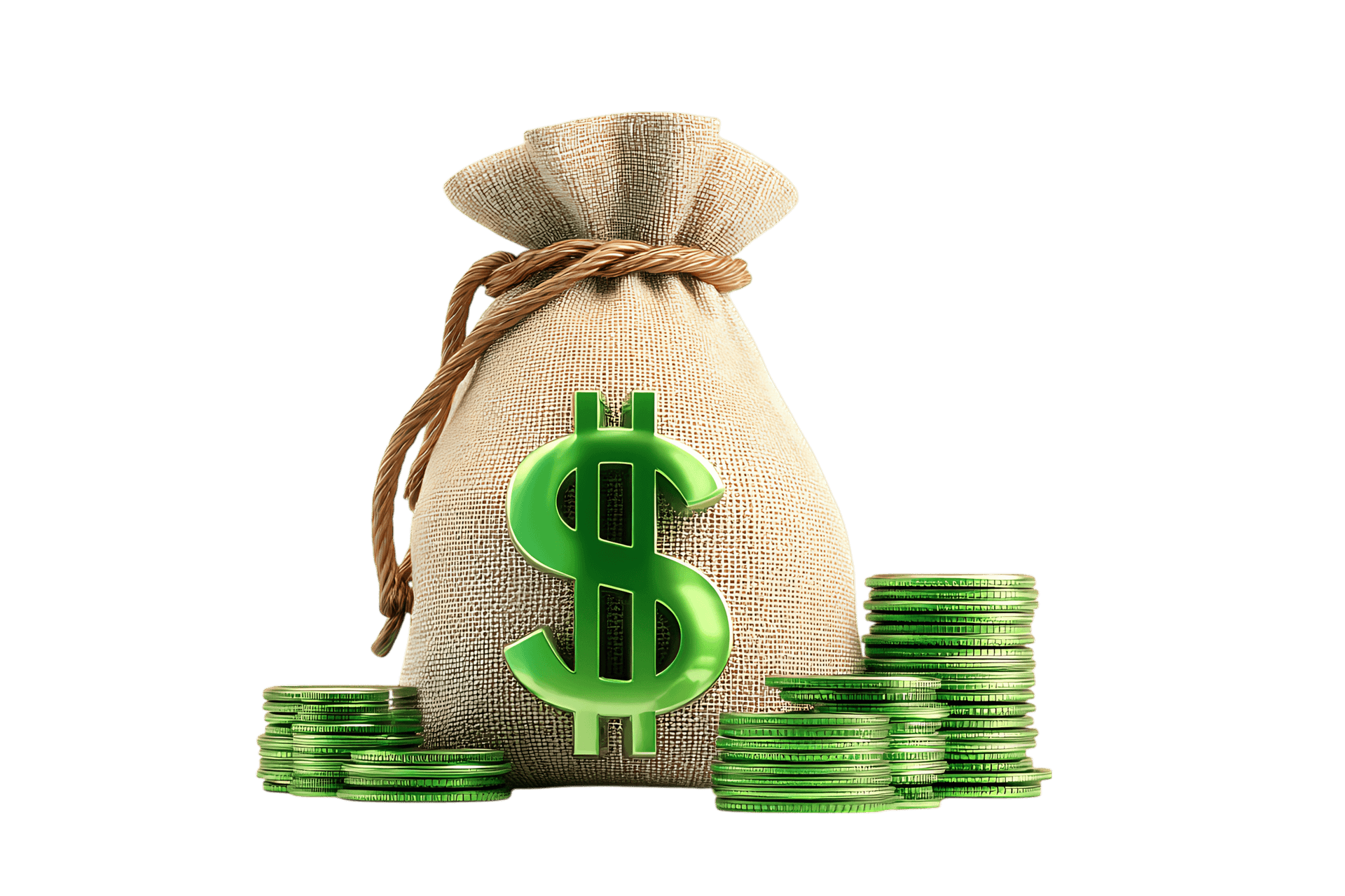 Green dollar sign on a money bag with stacks of coins.