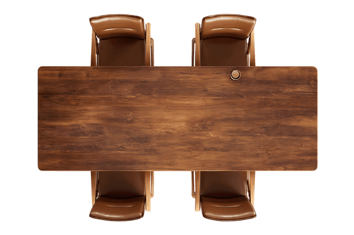 Top view of a wooden dining table with four chairs